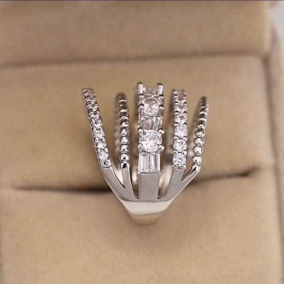 MULTI Band Diamond CZ Stone Ring Stacked Statement Wide Silver Multilayered - Picture 4 of 5